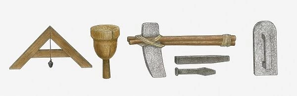 Illustration of wooden square level with a plum bob, rock hammer, copper chisels and wooden mallet tools used in Ancient Egyptian masonry