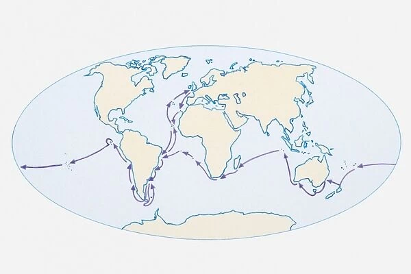 Illustration of world map showing route of Darwins HMS Beagle in purple