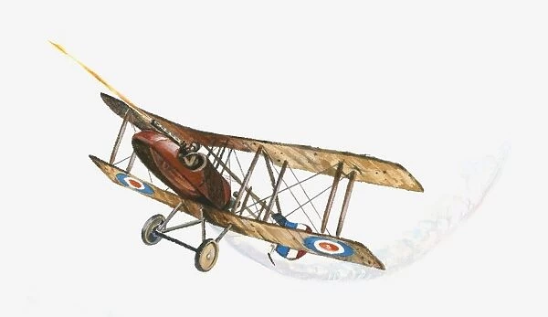 Illustration of World War One British pilot firing machine gun from Sopwith Camel aeroplane in mid-air