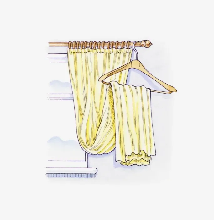 Framed Print : Illustration of a yellow curtain looped over a hanger to move it away from the window