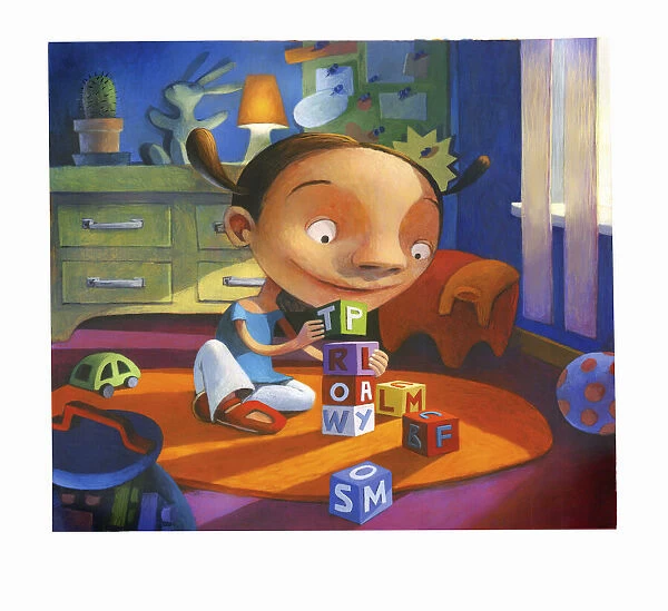 Illustration of a Young Girl Playing With Toy Blocks in Her Bedroom