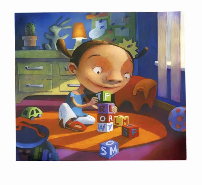Framed Print : Illustration of a Young Girl Playing With Toy Blocks in Her Bedroom Framed Print : Illustration of a Young Girl Playing With Toy Blocks in Her Bedroom