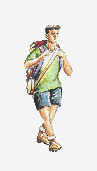Illustration of young man carrying rucksack and canteen