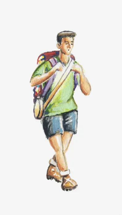 Framed Print : Illustration of young man carrying rucksack and canteen