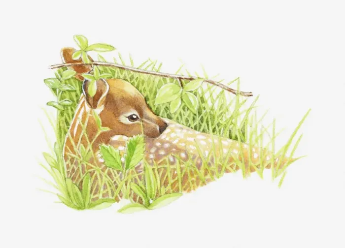 Framed Print : Illustration of young White-tailed Deer (Odocoileus virginianus) lying in long grass for protection Framed Print : Illustration of young White-tailed Deer (Odocoileus virginianus) lying in long grass for protection