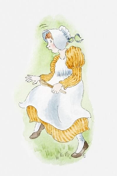 Illustration of a young woman dressed as a maid jumping in fright