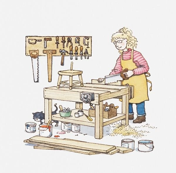Illustration of a young woman sawing wood in a workshop