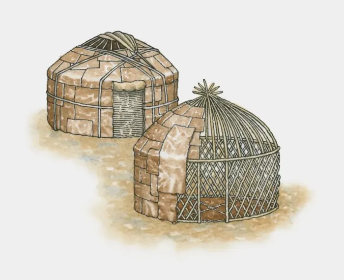 Framed Print : Illustration of two yurts, one showing construction frame Framed Print : Illustration of two yurts, one showing construction frame