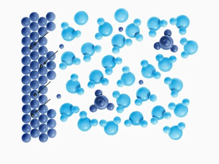 Framed Print : Illustration of zinc atoms in electrode dissolving in acid, losing electrons to form cations