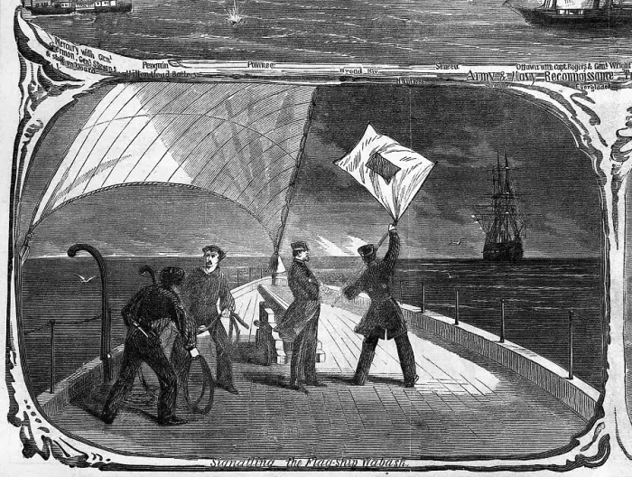 Framed Print : Illusustration of Men on Ship Giving Flag Signal Framed Print : Illusustration of Men on Ship Giving Flag Signal