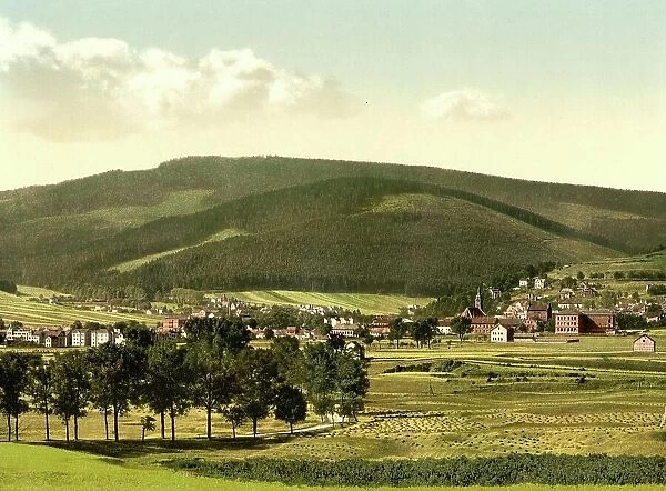 Ilmenau and the mountain Kikelhahn, Thuringia, Germany, Historic, digitally restored reproduction of a photochrome print from the 1890s