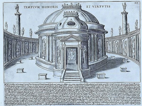 The image shows the Temple of Honour and Virtue planned in 210 BC by Marcus Claudius Marcellus, Consul of Rome, at Porta Capena, historical Rome, Italy, 1625, Rome, digital reproduction of an 18th century original, original date not known