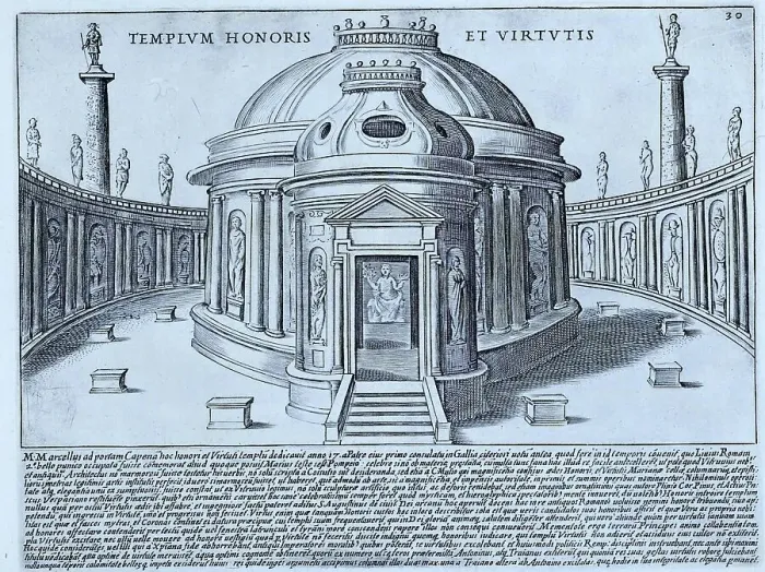 Framed Print : The image shows the Temple of Honour and Virtue planned in 210 BC by Marcus Claudius Marcellus, Consul of Rome, at Porta Capena, historical Rome, Italy, 1625, Rome, digital reproduction of an 18th century original, original date not known Framed Print : The image shows the Temple of Honour and Virtue planned in 210 BC by Marcus Claudius Marcellus, Consul of Rome, at Porta Capena, historical Rome, Italy, 1625, Rome, digital reproduction of an 18th century original, original date not known