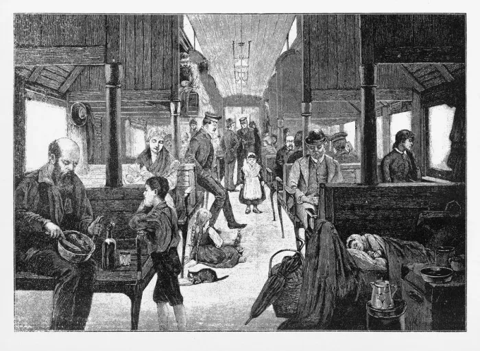 Framed Print : Immigrants Travelling West on Third Class Railway, Early American Engraving, 1870 Framed Print : Immigrants Travelling West on Third Class Railway, Early American Engraving, 1870