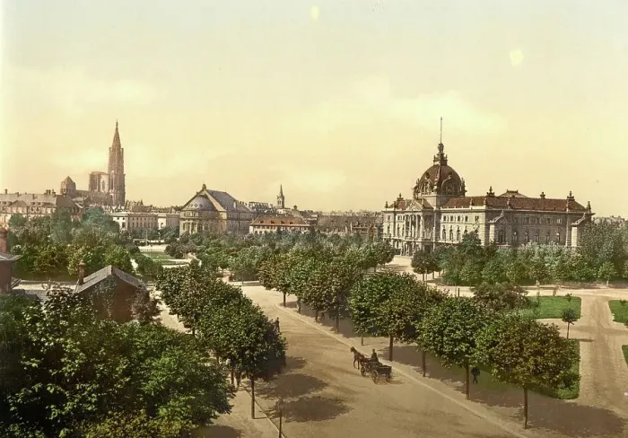 Framed Print : Imperial Palace, Theatre and Cathedral, Strasbourg, Alsace, formerly Germany, now Alsace, France, Germany, Historic, digitally restored reproduction of a photochrome print from the 1890s Framed Print : Imperial Palace, Theatre and Cathedral, Strasbourg, Alsace, formerly Germany, now Alsace, France, Germany, Historic, digitally restored reproduction of a photochrome print from the 1890s