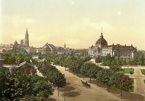 Imperial Palace, Theatre and Cathedral, Strasbourg, Alsace, formerly Germany, now Alsace, France, Germany, Historic, digitally restored reproduction of a photochrome print from the 1890s