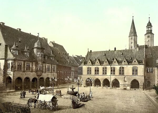 Imperial Palace and Town Hall in Goslar, Lower Saxony, Germany, Historic, digitally restored reproduction of a photochromic print from the 1890s