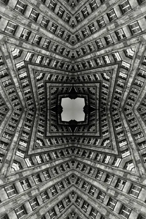 Framed Print : Impossible architectures: black and white kaleidoscopic image of Prudential Tower, a Warsaw skyscraper built between 1931 and 1934 in the Art Deco style Framed Print : Impossible architectures: black and white kaleidoscopic image of Prudential Tower, a Warsaw skyscraper built between 1931 and 1934 in the Art Deco style