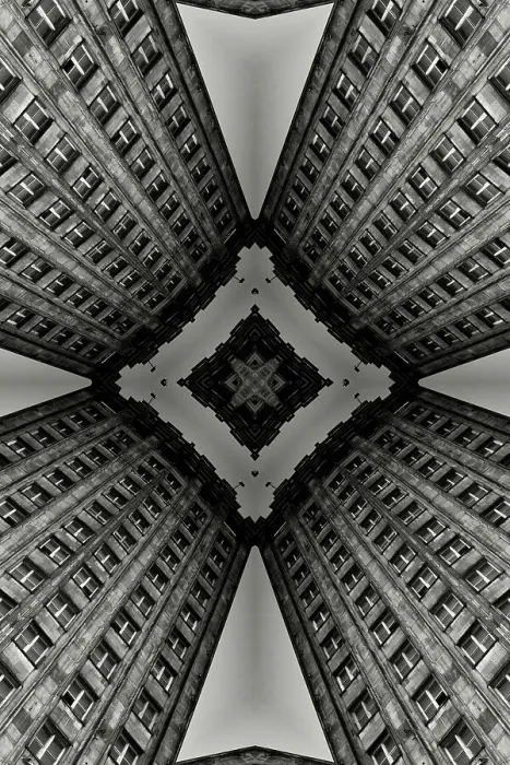 Framed Print : Impossible architectures: black and white kaleidoscopic image of Prudential Tower, a Warsaw skyscraper built between 1931 and 1934 in the Art Deco style Framed Print : Impossible architectures: black and white kaleidoscopic image of Prudential Tower, a Warsaw skyscraper built between 1931 and 1934 in the Art Deco style