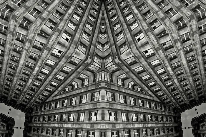 Framed Print : Impossible architectures: black and white kaleidoscopic image of Prudential Tower, a Warsaw skyscraper built between 1931 and 1934 in the Art Deco style Framed Print : Impossible architectures: black and white kaleidoscopic image of Prudential Tower, a Warsaw skyscraper built between 1931 and 1934 in the Art Deco style