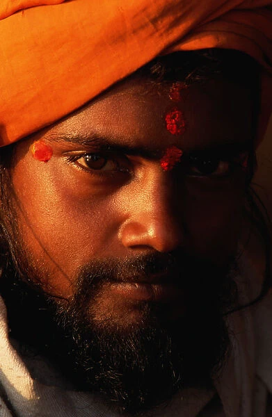 India, Uttar Pradesh, Varanasi, sadhu (holy man), portrait, close-up
