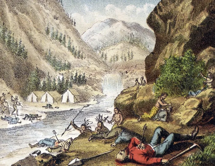 Framed Print : Indian attack miners on the river Framed Print : Indian attack miners on the river