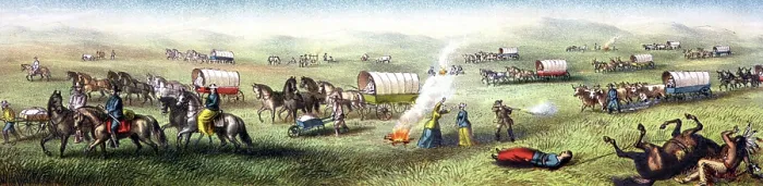Framed Print : Indian attack on a wagon train Framed Print : Indian attack on a wagon train