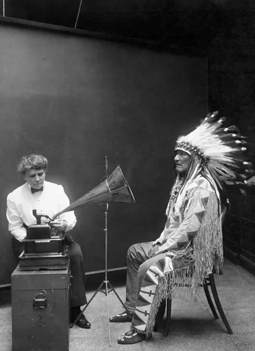 Framed Print : Indian Chief Recording War Songs Framed Print : Indian Chief Recording War Songs