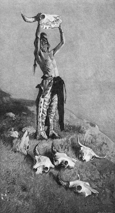 Framed Print : Indian Holding Up Buffalo Head; Engravin Framed Print : Indian Holding Up Buffalo Head; Engravin