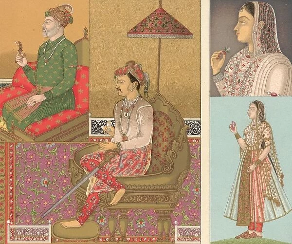 India. circa 1800: Indian men and women wearing elaborate costumes