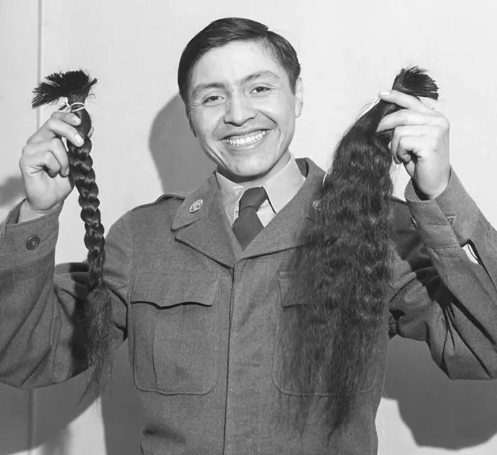 Framed Print : Indian Solider Braids After Haircut Framed Print : Indian Solider Braids After Haircut