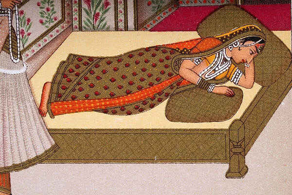 Indian woman sleeping on a bed, Mughal India