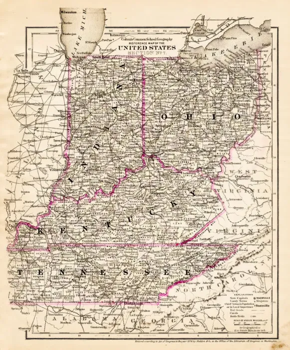 Framed Print : indiana Ohio Kentucky map 1881