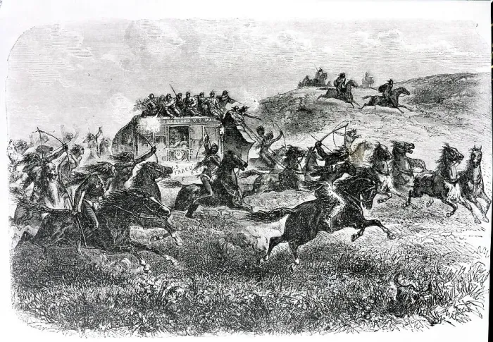 Framed Print : Indians Attacking Us Mail Coach Framed Print : Indians Attacking Us Mail Coach