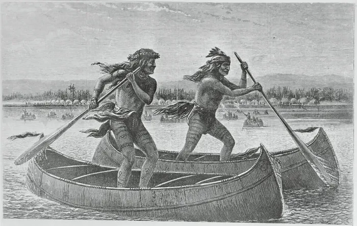 Framed Print : Indians Competing in Canoe Race Framed Print : Indians Competing in Canoe Race