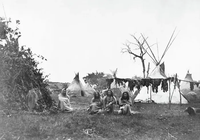 Framed Print : Indians; Meat Drying, Teepees In Backgro Framed Print : Indians; Meat Drying, Teepees In Backgro
