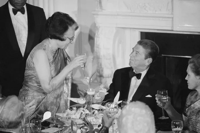 Framed Print : Indira Gandhi Toasting to Ronald Reagan Framed Print : Indira Gandhi Toasting to Ronald Reagan