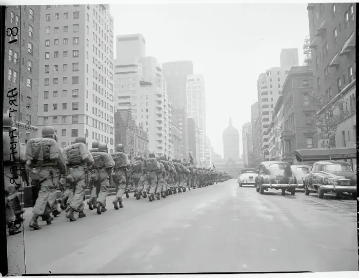 Framed Print : Infantrymen Marching Down Street Framed Print : Infantrymen Marching Down Street