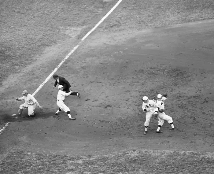 Framed Print : Infielders Collide - Runner Reaches Base