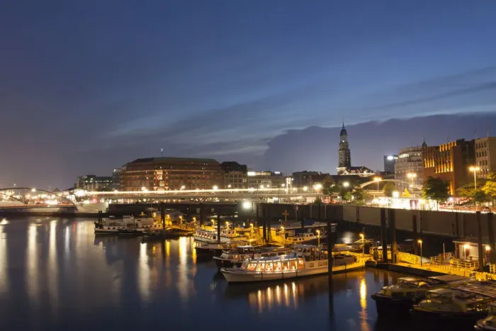 Framed Print : Inland port with St. Michaelis Church at dusk, Hamburg-Port, Hamburg, Hamburg, Germany