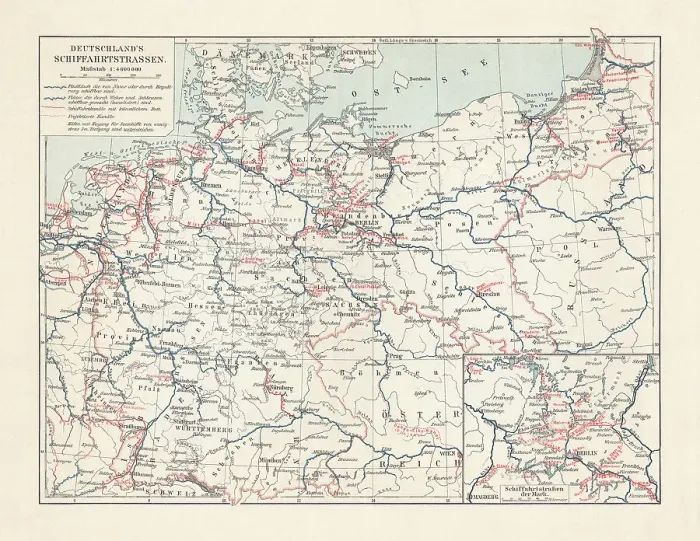 Framed Print : Inland waterway map of the German Empire, lithograph, published 1900 Framed Print : Inland waterway map of the German Empire, lithograph, published 1900