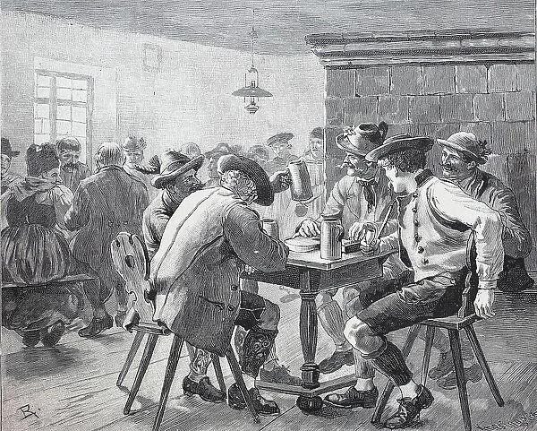 Inn in Bavaria, Germany, Men Drinking Beer, Historical, digitally restored reproduction of an original 19th-century original