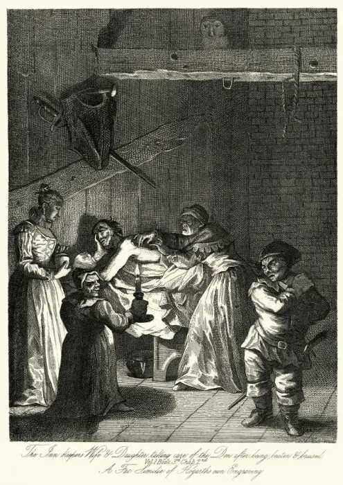 Framed Print : Inn keepers wife taking care of Don Quixote, William Hogarth Framed Print : Inn keepers wife taking care of Don Quixote, William Hogarth