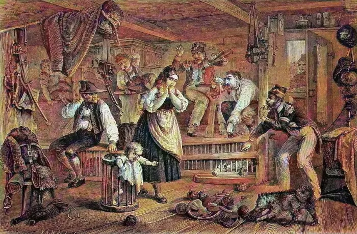Framed Print : Inn in the time of the Rhine Confederation, Germany, historical woodcut, circa 1870, digitally restored reproduction of an original 19th century print, exact original date unknown, coloured