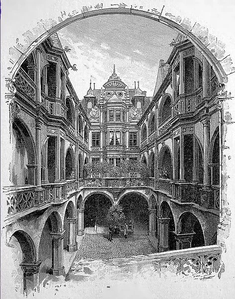 Inner courtyard of the historic Pellerhaus in Nuremberg, Bavaria, Germany, destroyed in World War 2, Historic, digitally restored reproduction of an 18th century original, exact original date unknown