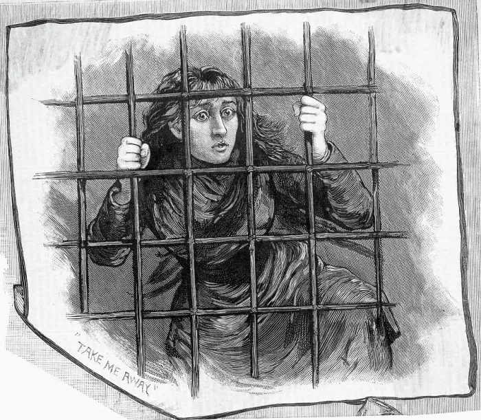 Framed Print : Insane Girl Behind Bars; Woodcut Framed Print : Insane Girl Behind Bars; Woodcut