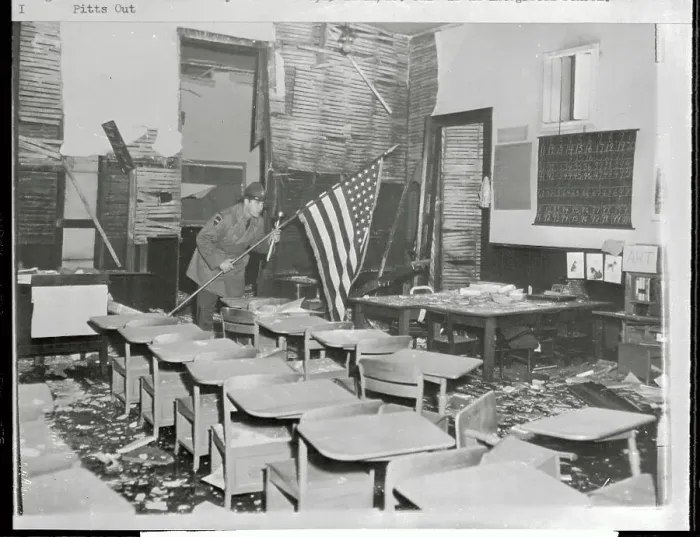 Framed Print : Inspecting Bombed School Framed Print : Inspecting Bombed School