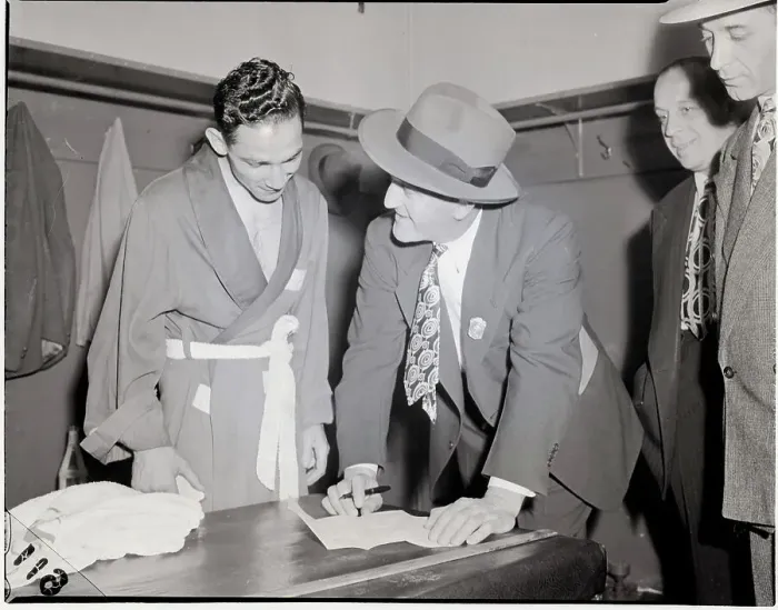 Framed Print : Inspector Checking Willie Pep'S License Framed Print : Inspector Checking Willie Pep'S License