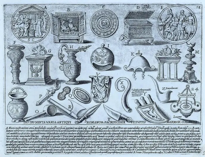 Framed Print : Instrumenta Varia antiqui Romanor Sacrificii ex Vestutis, The various instruments of the ancient Roman sacrifice, historical Rome, Italy, digital reproduction of a 17th century original, original date unknown