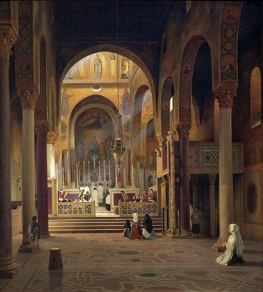 The interior of the Capella Palatina in Palermo around 1850, the palace chapel was built in the Norman-Arabic-Byzantine style as the court chapel of the Palazzo dei Normanni of Palermo from 1132 to 1140 AD under King Roger II, Sicily, Italy